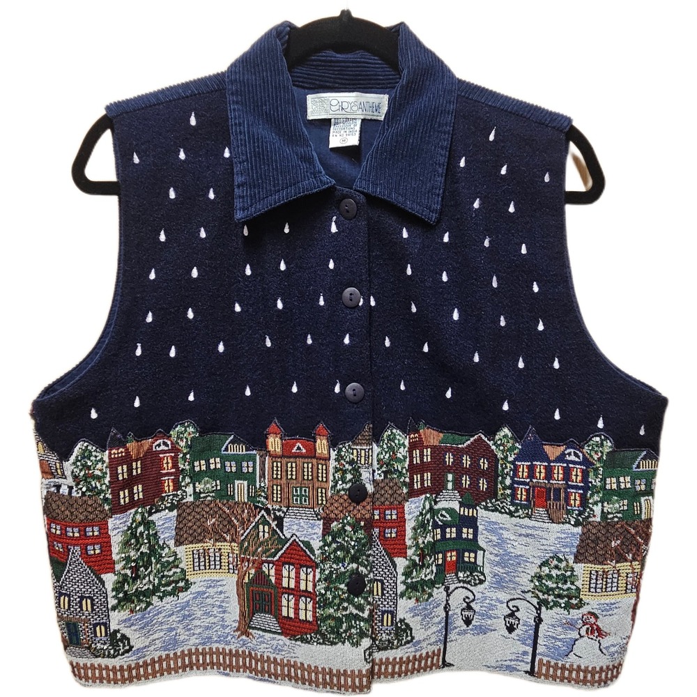 Vintage ChrysAntheme Winter Village Tapestry Vest Navy Blue Corduroy Size Medium